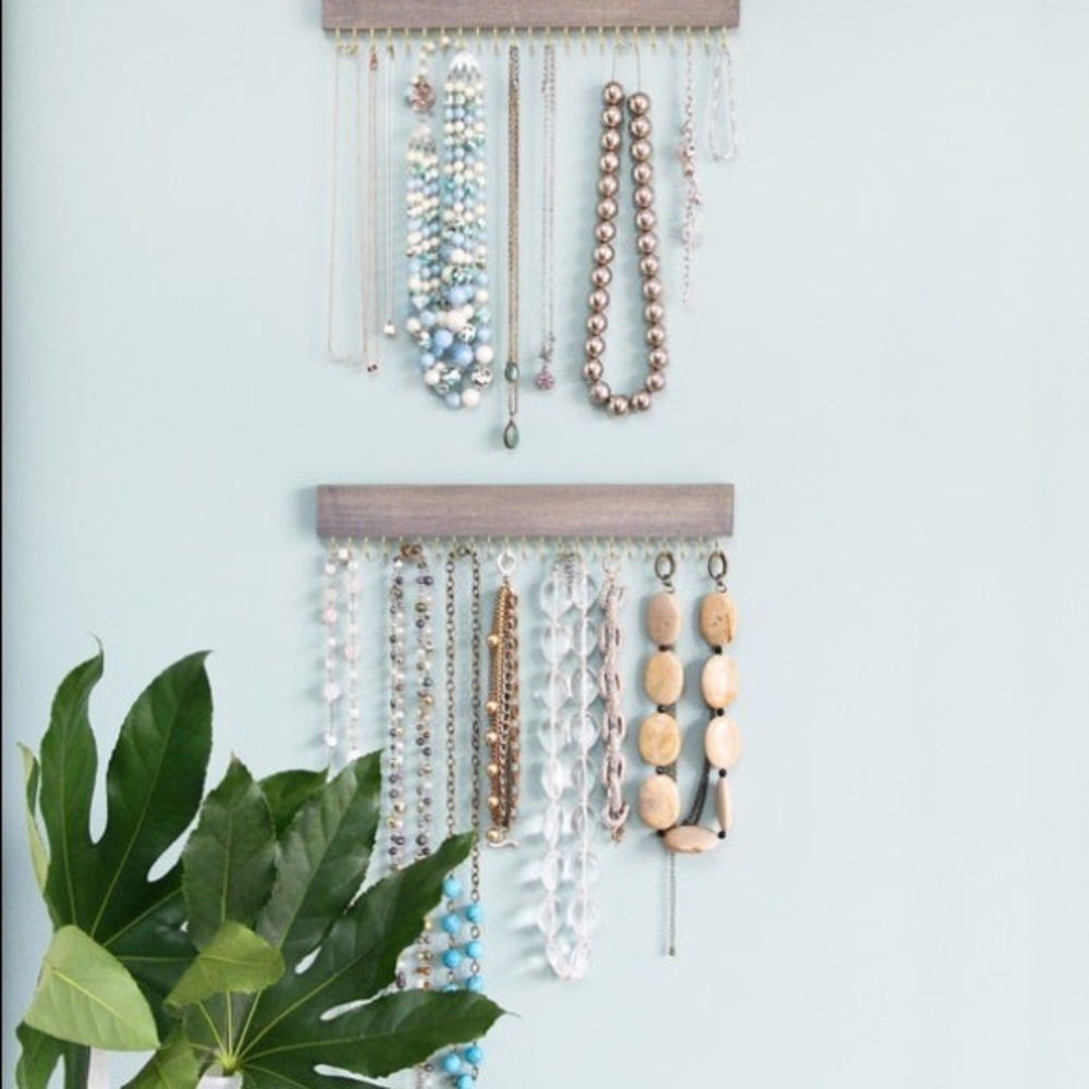 driftwood gray wood and brass jewelry racks